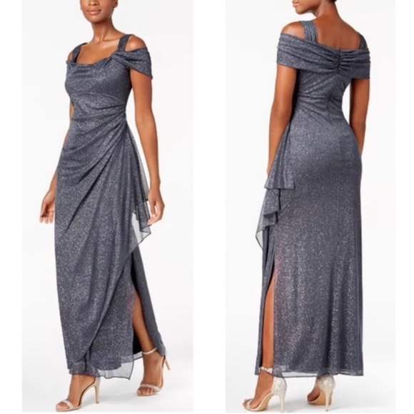 Alex Evenings Dresses & Skirts - Sz16 Cold Shoulder Glitter Mesh Smoke Dress with Draped Skirt & Cowl Neckline